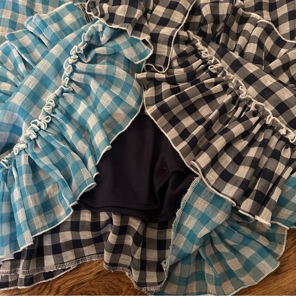 Eva Franco Blue Black Checkered Maxi Skirt medium tiered elastic waist - Picture 3 of 7